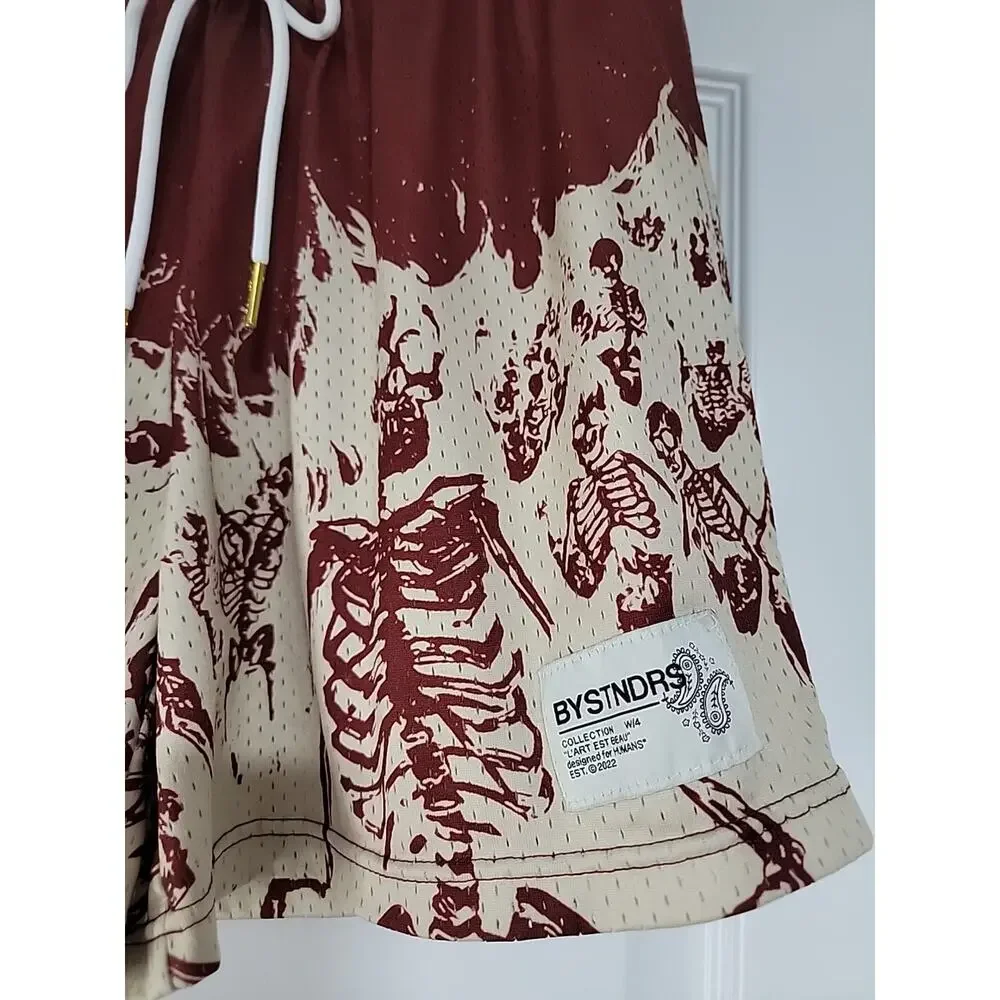 BYSTNDRS Mesh Shorts Burn In‎ Silence Burgundy/Beige Mens Medium Street Wear EUC